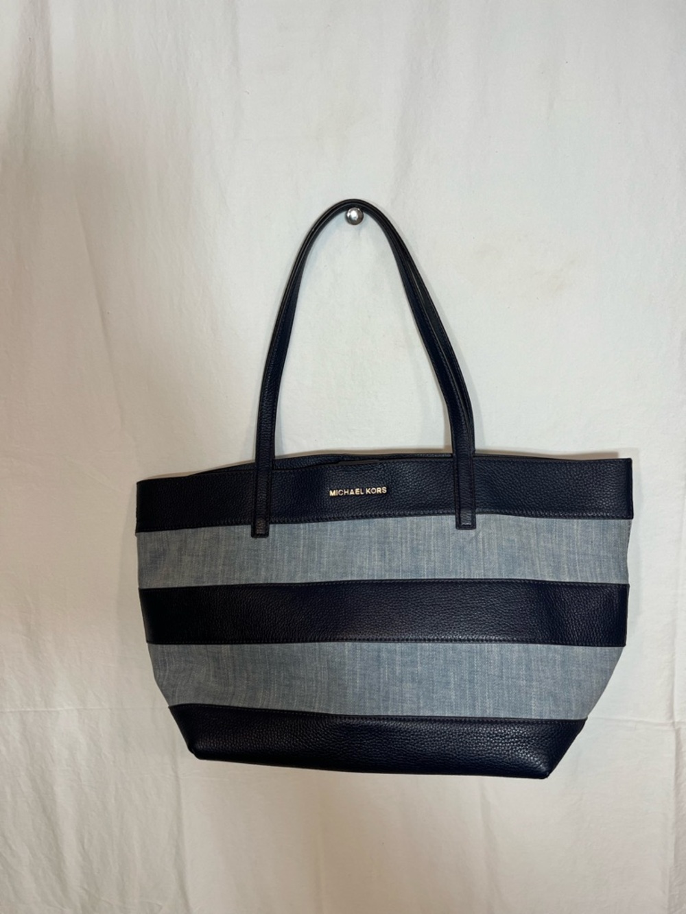 Michael Kors Navy Pebbled Leather & Denim Striped Tote Bag Large Shoulder purse - Picture 9 of 10